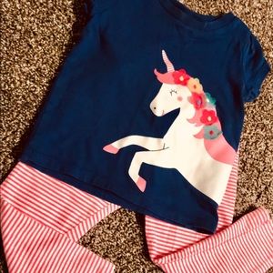 Unicorn embellished navy shirt with striped pants